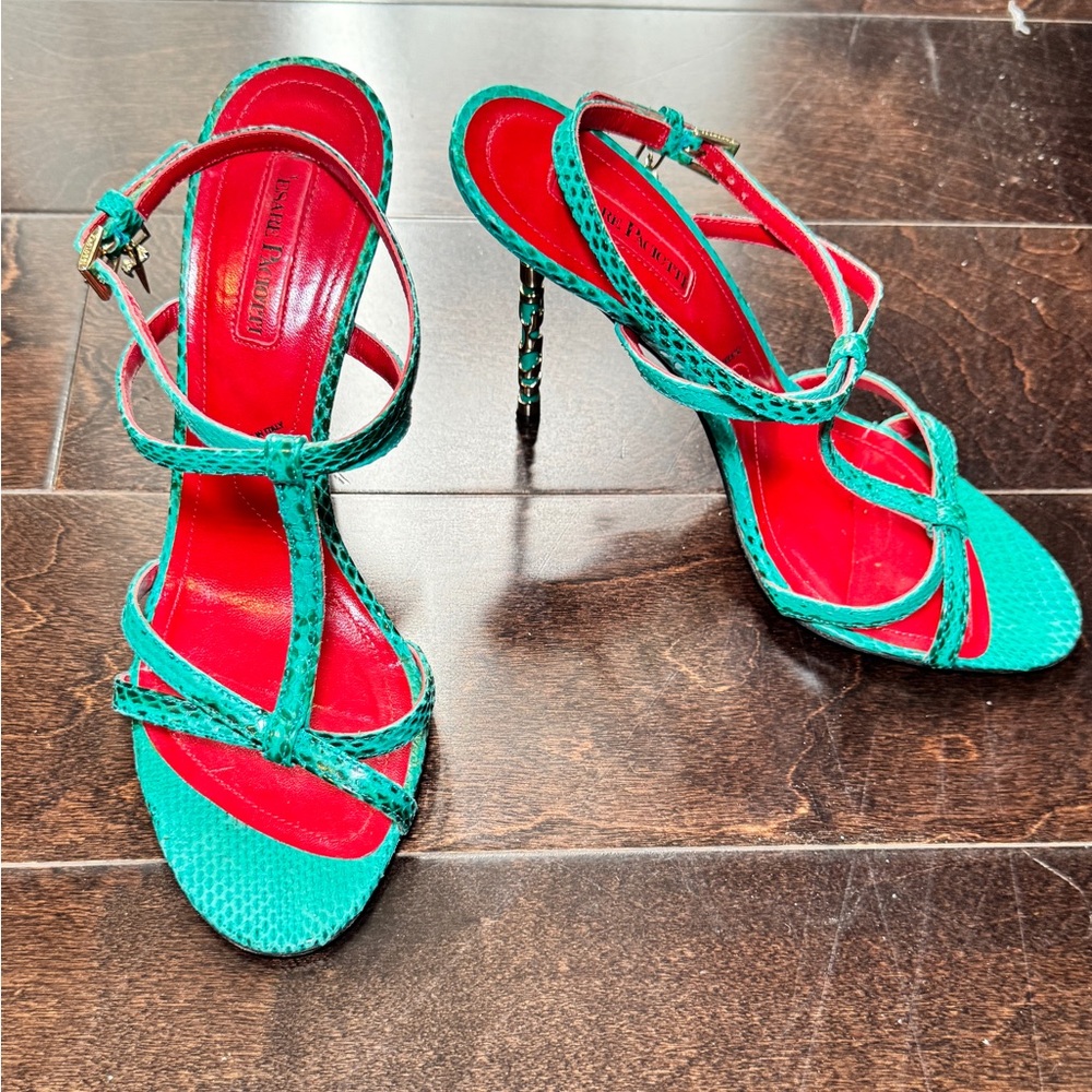 Cesare Paciotti snake skin turquoise high heel sandals